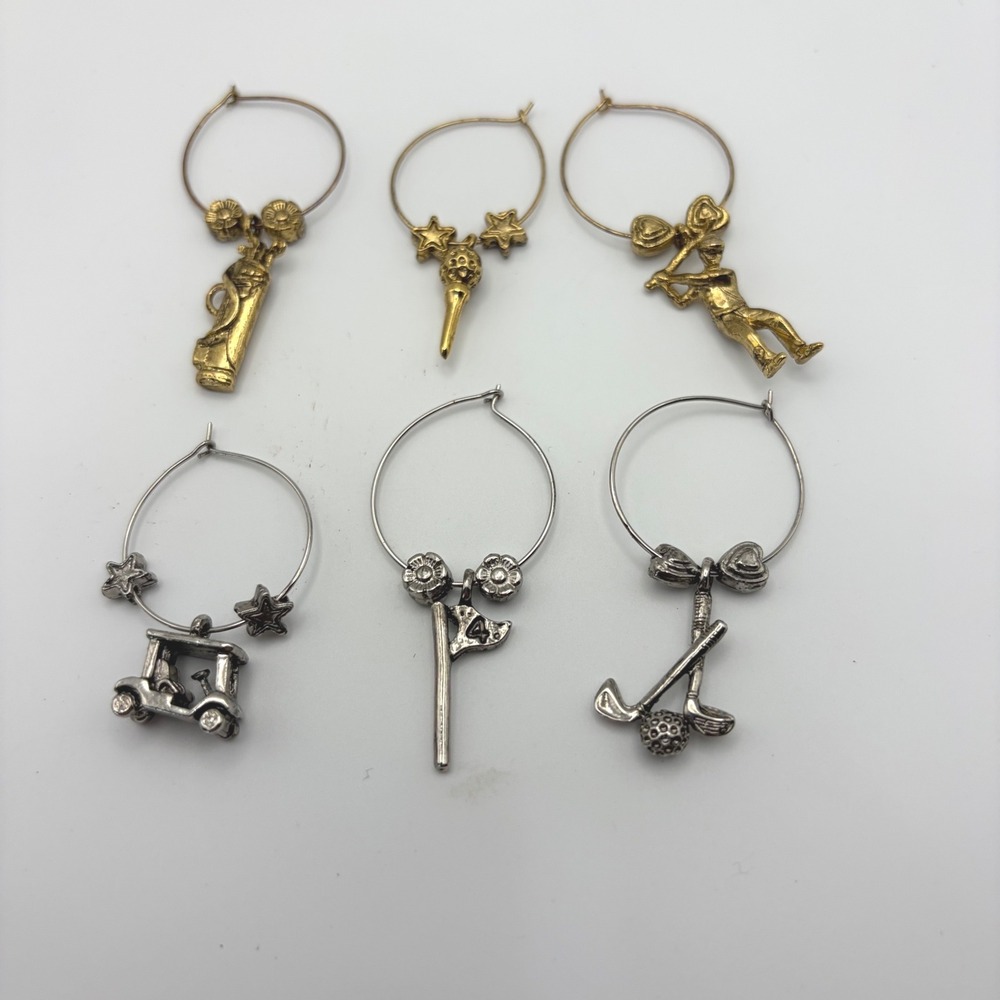 Set of 6 Golf Wine Glass Charms Gold Silver Tone‎ Sports Themed Drink Markers